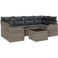 vidaXL Tuinbank Set 7 st 6-zits Grijs Poly rattan, staal en glas