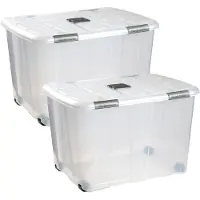 PlasticForte Opslagbox - 2x stuks - met deksel - 100L - 80 x 60 x 33 cm - transparant - opbergbak - met wielen