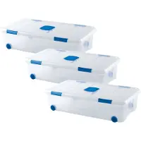 PlasticForte Opslagbox - 3x stuks - met deksel - 30L - 73 x 41 x 18 cm - transparant - opbergbak - met wielen