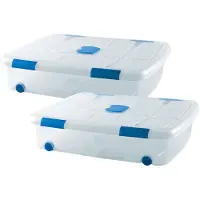 PlasticForte Opslagbox - 2x stuks - met deksel - 41L - 73 x 55 x 16 cm - transparant - opbergbak - met wielen