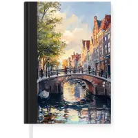 MuchoWow Notitieboek - Schrijfboek - Brug - Stad - Huizen - Boot - Notitieboekje klein - A5 formaat - Schrijfblok