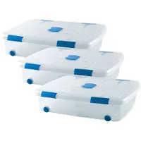PlasticForte Opslagbox - 3x stuks - met deksel - 41L - 73 x 55 x 16 cm - transparant - opbergbak - met wielen