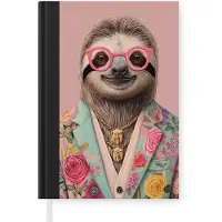 MuchoWow Notitieboek - Schrijfboek - Luiaard - Bloemenprint - Bril - Roze - Notitieboekje klein - A5 formaat - Schrijfblok