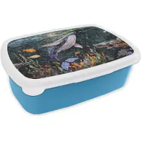 MuchoWow Broodtrommel Blauw - Lunchbox Mozaïek - Walvis - Koraal - Water - Brooddoos 18x12x6 cm - Brood lunch box - Broodtrommels voor kinderen en volwassenen