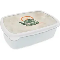 MuchoWow Broodtrommel Wit - Lunchbox Theepot - Groen - Bloemen - Oranje - Brooddoos 18x12x6 cm - Brood lunch box - Broodtrommels voor kinderen en volwassenen