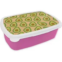 MuchoWow Broodtrommel Roze - Lunchbox Avocado - Patroon - Groen - Pit - Brooddoos 18x12x6 cm - Brood lunch box - Broodtrommels voor kinderen en volwassenen