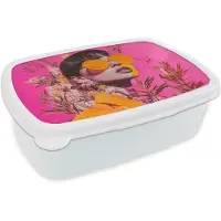 MuchoWow Broodtrommel Wit - Lunchbox Zonnebril - Oranje - Vrouw - Planten - Brooddoos 18x12x6 cm - Brood lunch box - Broodtrommels voor kinderen en volwassenen