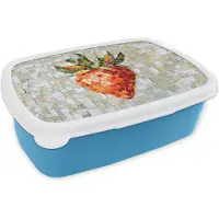 MuchoWow Broodtrommel Blauw - Lunchbox Aardbei - Rood - Mozaïek - Fruit - Brooddoos 18x12x6 cm - Brood lunch box - Broodtrommels voor kinderen en volwassenen