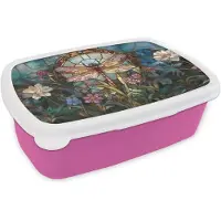 MuchoWow Broodtrommel Roze - Lunchbox Libelle - Mozaïek - Bloemen - Kleurrijk - Brooddoos 18x12x6 cm - Brood lunch box - Broodtrommels voor kinderen en volwassenen
