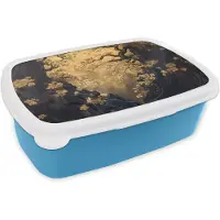 MuchoWow Broodtrommel Blauw - Lunchbox Bloemen - Takken - Goud - Sierlijk - Brooddoos 18x12x6 cm - Brood lunch box - Broodtrommels voor kinderen en volwassenen
