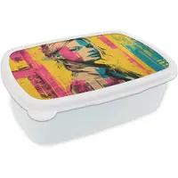 MuchoWow Broodtrommel Wit - Lunchbox Vrouw - Verfstrepen - Gekleurd - Brooddoos 18x12x6 cm - Brood lunch box - Broodtrommels voor kinderen en volwassenen