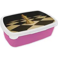 MuchoWow Broodtrommel Roze - Lunchbox Schaakstuk - Koning - Schaakbord - Geblokt - Brooddoos 18x12x6 cm - Brood lunch box - Broodtrommels voor kinderen en volwassenen