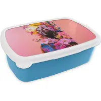 MuchoWow Broodtrommel Blauw - Lunchbox Kleurrijk - Bloemen - Vrouw - Zon - Brooddoos 18x12x6 cm - Brood lunch box - Broodtrommels voor kinderen en volwassenen