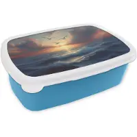 MuchoWow Broodtrommel Blauw - Lunchbox Meeuwen - Zonsondergang - Zee - Wolken - Brooddoos 18x12x6 cm - Brood lunch box - Broodtrommels voor kinderen en volwassenen