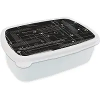 MuchoWow Broodtrommel Wit - Lunchbox Abstract - Lijnen - Rondjes - Zwart - Brooddoos 18x12x6 cm - Brood lunch box - Broodtrommels voor kinderen en volwassenen