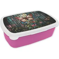 MuchoWow Broodtrommel Roze - Lunchbox Vlinder - Roze - Bloemen - Bladeren - Brooddoos 18x12x6 cm - Brood lunch box - Broodtrommels voor kinderen en volwassenen