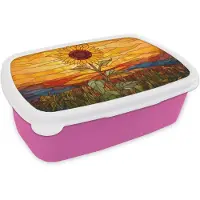 MuchoWow Broodtrommel Roze - Lunchbox Zonnebloem - Mozaïek - Zonsondergang - Geel - Brooddoos 18x12x6 cm - Brood lunch box - Broodtrommels voor kinderen en volwassenen