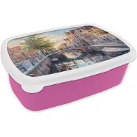 MuchoWow Broodtrommel Roze - Lunchbox Brug - Stad - Huizen - Boot - Brooddoos 18x12x6 cm - Brood lunch box - Broodtrommels voor kinderen en volwassenen