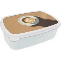 MuchoWow Broodtrommel Wit - Lunchbox Cappuccino - Kop - Schotel - Minimalitisch - Brooddoos 18x12x6 cm - Brood lunch box - Broodtrommels voor kinderen en volwassenen