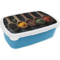 MuchoWow Broodtrommel Blauw - Lunchbox Houten - Lepels - Specerijen - Kruiden - Brooddoos 18x12x6 cm - Brood lunch box - Broodtrommels voor kinderen en volwassenen