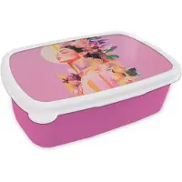 MuchoWow Broodtrommel Roze - Lunchbox Vrouw - Bloemen - Paars - Abstract - Brooddoos 18x12x6 cm - Brood lunch box - Broodtrommels voor kinderen en volwassenen