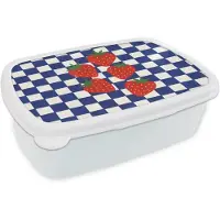 MuchoWow Broodtrommel Wit - Lunchbox Geblokt - Blauw - Aardbeien - Brooddoos 18x12x6 cm - Brood lunch box - Broodtrommels voor kinderen en volwassenen