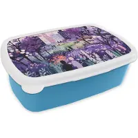 MuchoWow Broodtrommel Blauw - Lunchbox Park - Bomen - Bloemen - Gebouwen - Brooddoos 18x12x6 cm - Brood lunch box - Broodtrommels voor kinderen en volwassenen