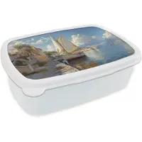 MuchoWow Broodtrommel Wit - Lunchbox Zeilschip - Huizen - Kade - Zee - Brooddoos 18x12x6 cm - Brood lunch box - Broodtrommels voor kinderen en volwassenen