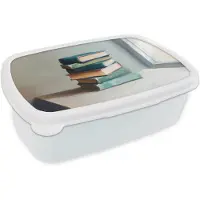 MuchoWow Broodtrommel Wit - Lunchbox Stapel - Boeken - Groen - Daglicht - Brooddoos 18x12x6 cm - Brood lunch box - Broodtrommels voor kinderen en volwassenen