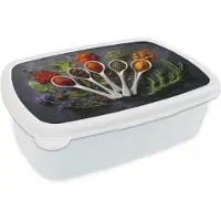 MuchoWow Broodtrommel Wit - Lunchbox Lepels - Wit - Poeder - Kruiden - Brooddoos 18x12x6 cm - Brood lunch box - Broodtrommels voor kinderen en volwassenen