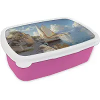 MuchoWow Broodtrommel Roze - Lunchbox Zeilschip - Huizen - Kade - Zee - Brooddoos 18x12x6 cm - Brood lunch box - Broodtrommels voor kinderen en volwassenen