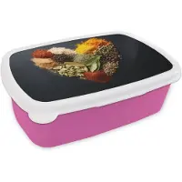 MuchoWow Broodtrommel Roze - Lunchbox Specerijen - Mix - Hartvorm - Zwart - Brooddoos 18x12x6 cm - Brood lunch box - Broodtrommels voor kinderen en volwassenen