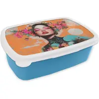 MuchoWow Broodtrommel Blauw - Lunchbox Portret - Vrouw - Abstract - Bloemen - Brooddoos 18x12x6 cm - Brood lunch box - Broodtrommels voor kinderen en volwassenen