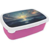 MuchoWow Broodtrommel Roze - Lunchbox Meeuwen - Zee - Wolken -Blauw - Brooddoos 18x12x6 cm - Brood lunch box - Broodtrommels voor kinderen en volwassenen