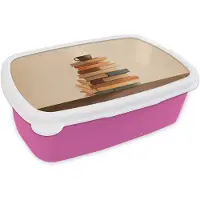 MuchoWow Broodtrommel Roze - Lunchbox Boeken - Toren - Koffie - Beige - Brooddoos 18x12x6 cm - Brood lunch box - Broodtrommels voor kinderen en volwassenen