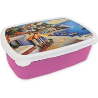 MuchoWow Broodtrommel Roze - Lunchbox Kustdorp - Huisjes - Mozaïek - Zee - Brooddoos 18x12x6 cm - Brood lunch box - Broodtrommels voor kinderen en volwassenen