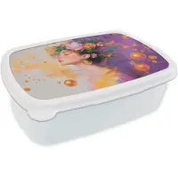 MuchoWow Broodtrommel Wit - Lunchbox Abstract - Vrouw - Bloemenkroon - Goud - Brooddoos 18x12x6 cm - Brood lunch box - Broodtrommels voor kinderen en volwassenen