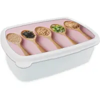 MuchoWow Broodtrommel Wit - Lunchbox Ingrediënten - Lepels - Hout - Roze - Brooddoos 18x12x6 cm - Brood lunch box - Broodtrommels voor kinderen en volwassenen