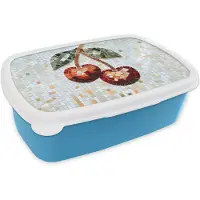 MuchoWow Broodtrommel Blauw - Lunchbox Kersen - Rood - Mozaïek - Blaadjes - Brooddoos 18x12x6 cm - Brood lunch box - Broodtrommels voor kinderen en volwassenen