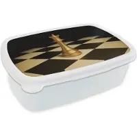 MuchoWow Broodtrommel Wit - Lunchbox Koningin - Schaakstuk - Geblokt - Goud - Brooddoos 18x12x6 cm - Brood lunch box - Broodtrommels voor kinderen en volwassenen