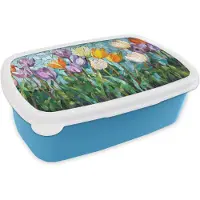 MuchoWow Broodtrommel Blauw - Lunchbox Mozaïek - Veld - Tulpen - Kleurrijk - Brooddoos 18x12x6 cm - Brood lunch box - Broodtrommels voor kinderen en volwassenen
