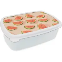 MuchoWow Broodtrommel Wit - Lunchbox Watermeloen - Schijfjes - Pitten - Rood - Brooddoos 18x12x6 cm - Brood lunch box - Broodtrommels voor kinderen en volwassenen