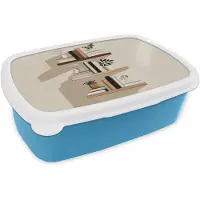 MuchoWow Broodtrommel Blauw - Lunchbox Plankjes - Boeken - Vaasjes - Planten - Brooddoos 18x12x6 cm - Brood lunch box - Broodtrommels voor kinderen en volwassenen
