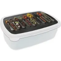 MuchoWow Broodtrommel Wit - Lunchbox Lepels - Specerijen - Kaneel - Chili - Brooddoos 18x12x6 cm - Brood lunch box - Broodtrommels voor kinderen en volwassenen