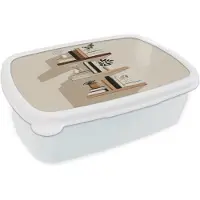 MuchoWow Broodtrommel Wit - Lunchbox Plankjes - Boeken - Vaasjes - Planten - Brooddoos 18x12x6 cm - Brood lunch box - Broodtrommels voor kinderen en volwassenen