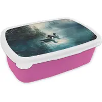 MuchoWow Broodtrommel Roze - Lunchbox Bos - Water - Eenden - Mistig - Brooddoos 18x12x6 cm - Brood lunch box - Broodtrommels voor kinderen en volwassenen