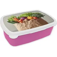 MuchoWow Broodtrommel Roze - Lunchbox Papieren - Boodschappen - Groente - Kleurrijk - Brooddoos 18x12x6 cm - Brood lunch box - Broodtrommels voor kinderen en volwassenen