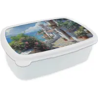 MuchoWow Broodtrommel Wit - Lunchbox Huizen - Zee - Bomen - Bloemen - Brooddoos 18x12x6 cm - Brood lunch box - Broodtrommels voor kinderen en volwassenen