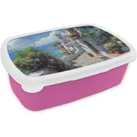 MuchoWow Broodtrommel Roze - Lunchbox Huizen - Zee - Bomen - Bloemen - Brooddoos 18x12x6 cm - Brood lunch box - Broodtrommels voor kinderen en volwassenen
