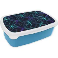 MuchoWow Broodtrommel Blauw - Lunchbox Ruitvormen - Abstract - Neon - Paars - Brooddoos 18x12x6 cm - Brood lunch box - Broodtrommels voor kinderen en volwassenen